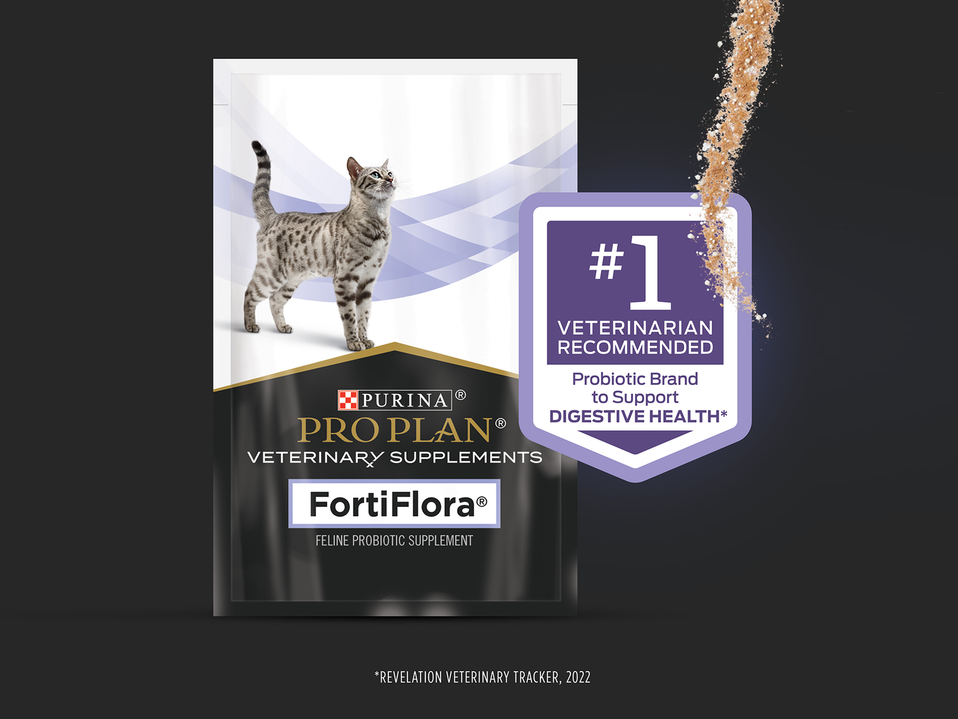 Purina Pro Plan FortiFlora feline probiotic supplement package with powder supporting cat digestive health and diarrhea relief