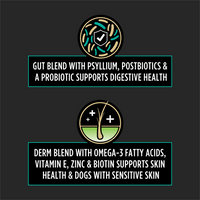 Diagram showing gut blend with psyllium, postbiotics, and probiotic supporting digestion, and derm blend with omega-3, vitamin E, zinc, and biotin for skin health.