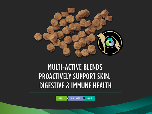 Close-up of brown canine supplement tablets supporting skin, digestive, and immune health for dogs shown on black background.