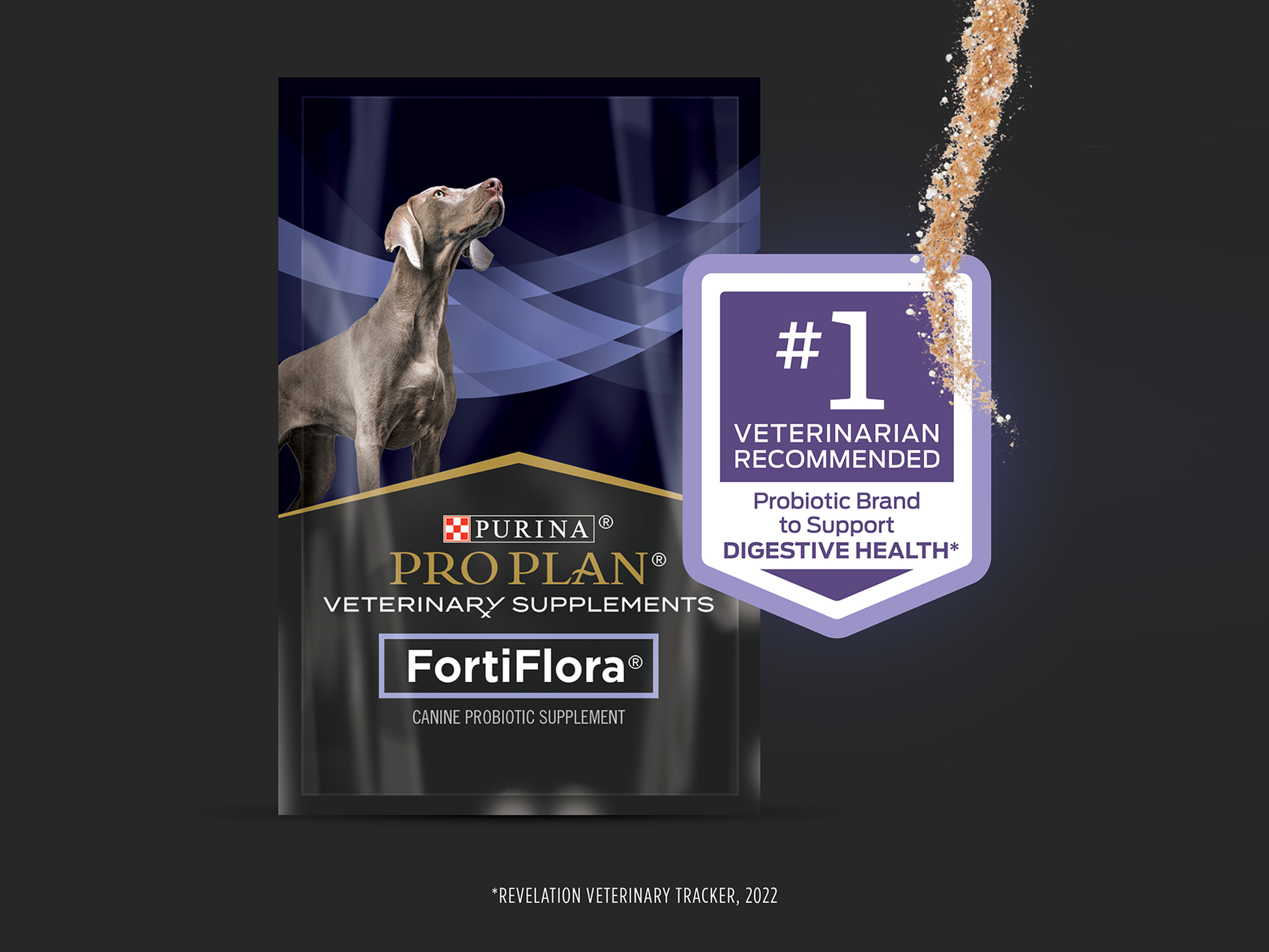 Purina Pro Plan FortiFlora canine probiotic supplement package with digestive health support and powder pouring out