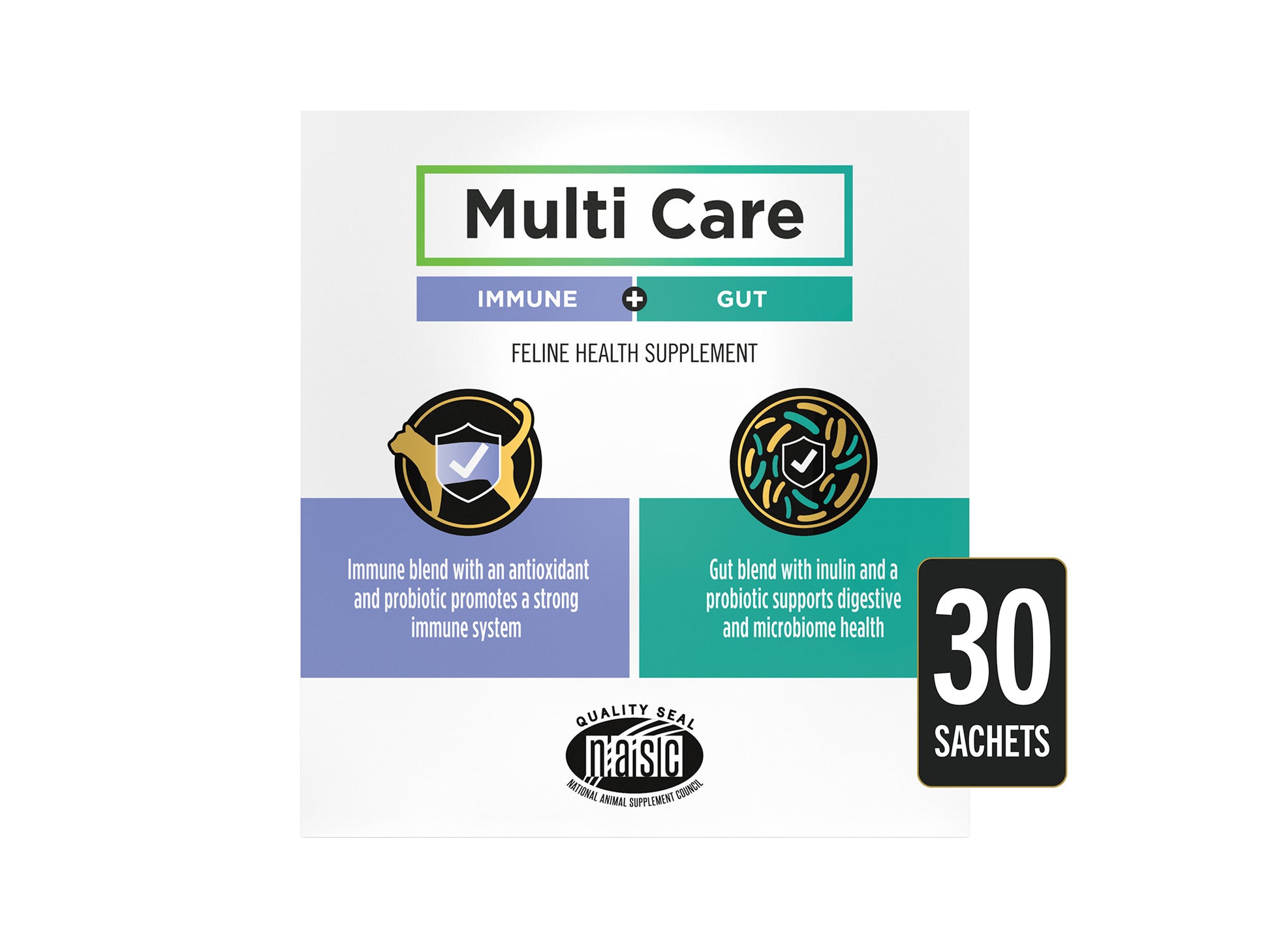 Multi Care feline supplement box with 30 sachets supports cats’ immune system and digestive health with antioxidants and probiotics.