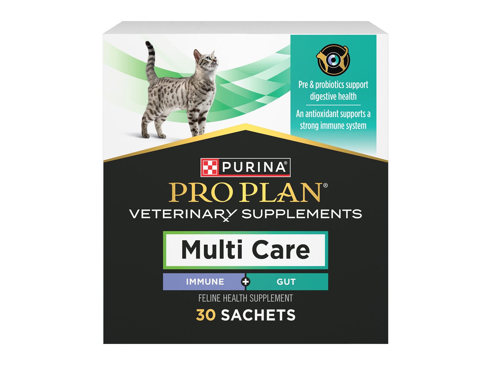 Purina Pro Plan Veterinary Supplements Multi Care for cats supports digestive health and immunity with 30 sachets in the box