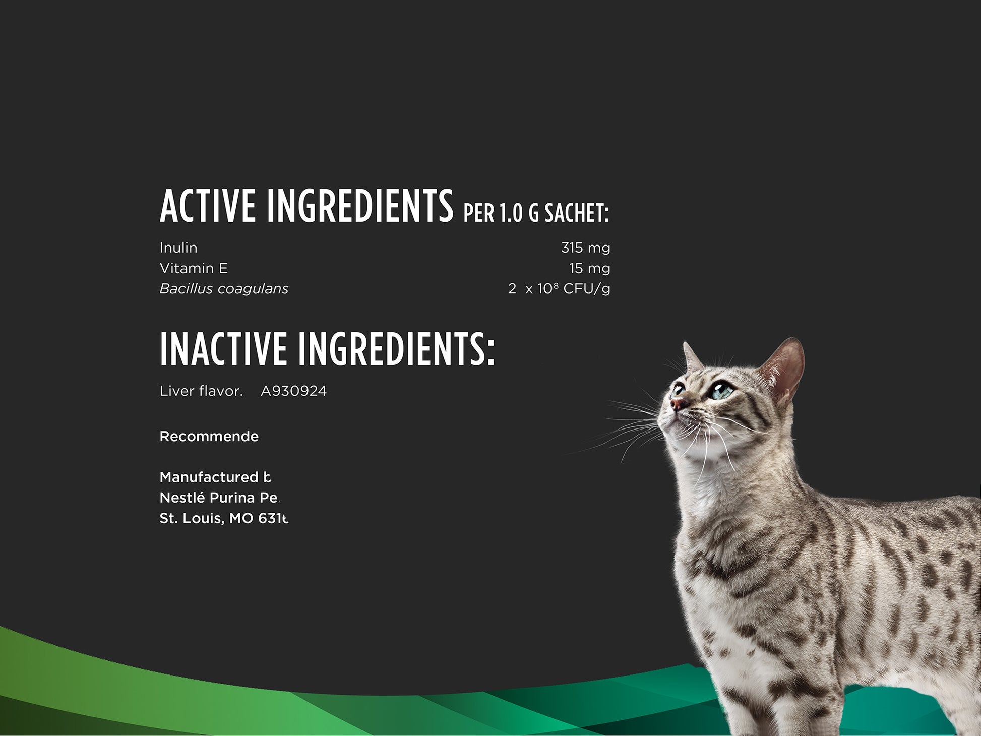 Close-up of cat with ingredient details for a feline supplement supporting digestion and immune health per sachet.