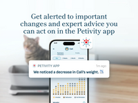 Smart Litter Box Monitor displaying Petivity app alert about cat’s weight decrease with graph tracking urination and defecation events