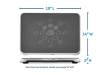 Petivity Smart Litter Box Monitor dimensions showing 19 inches long, 14 inches wide, and 2 inches high size with paw print design.