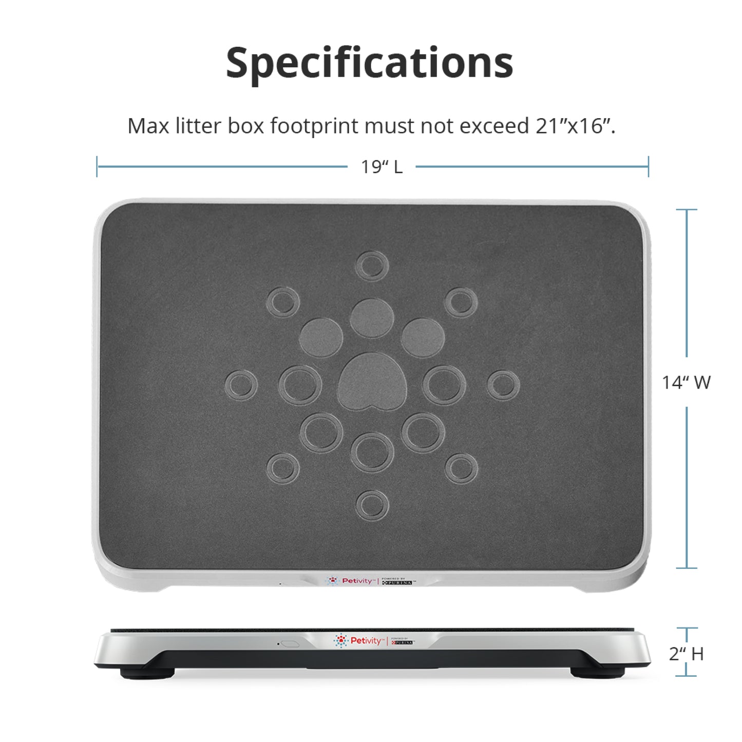 Specifications | Max litterbox footprint must not exceed 21"x16"