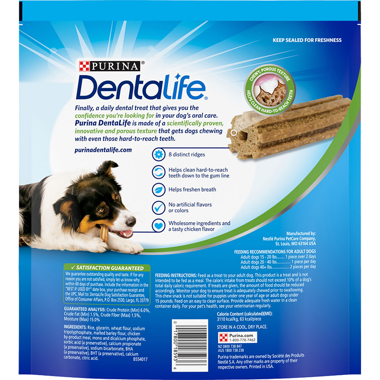 Purina Dentalife dog chews package showing chicken flavor treats and a dog chewing to reduce tartar and promote oral health.