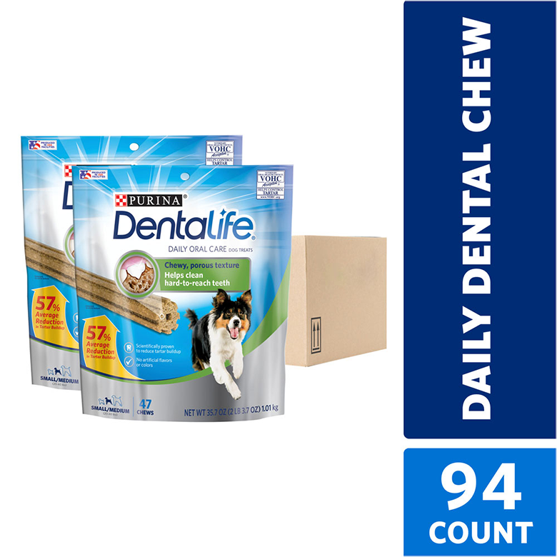 Two packs of Purina Dentalife Chicken Flavor dog chews with a cardboard box, daily oral care for reducing tartar buildup.