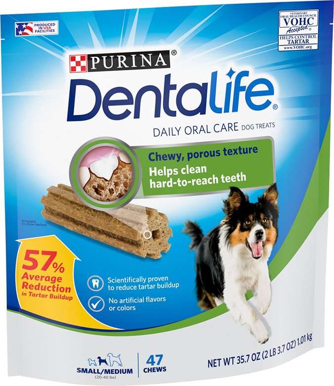 Purina Dentalife Daily Oral Care chicken flavor dog chews with porous texture reduce tartar buildup and clean hard-to-reach teeth for small and medium dogs.