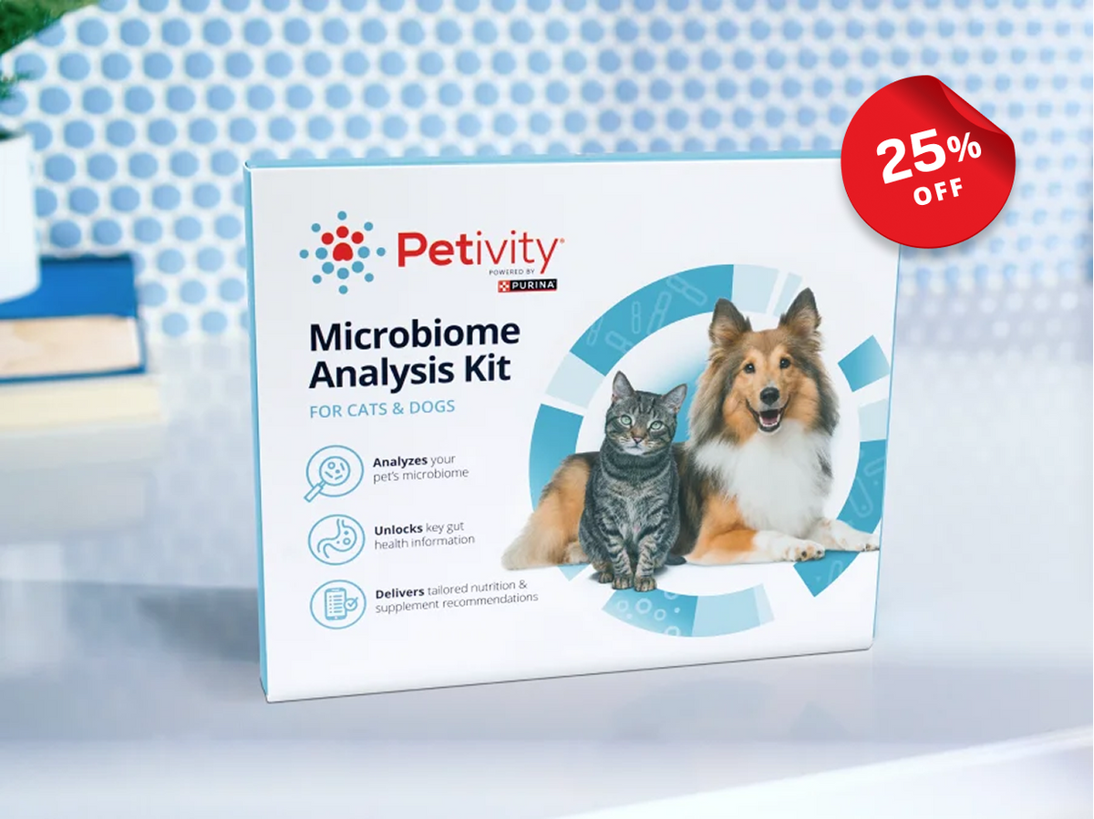 Petivity Microbiome Analysis Kit for Dogs & Cats – Product box featuring a cat and a dog on the front, with icons indicating analysis of the pet’s microbiome, unlocking gut health information, and delivering tailored nutrition recommendations. 
A red '25% OFF' sticker is in the top right corner.