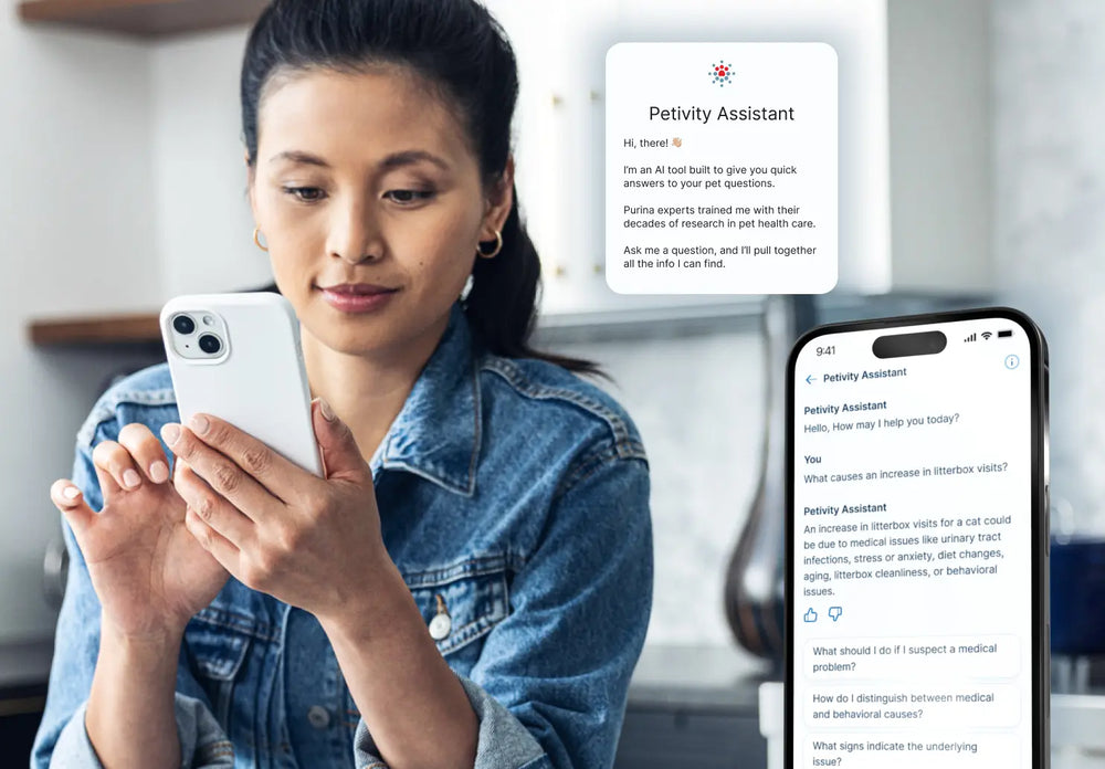 woman holding a cell phone with screenshots of the petivity assistant chat