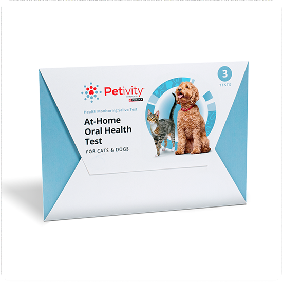 Petivity At-Home Oral Health Test kit envelope for cats and dogs, showing a cat and a dog on the packaging. Contains 3 tests.